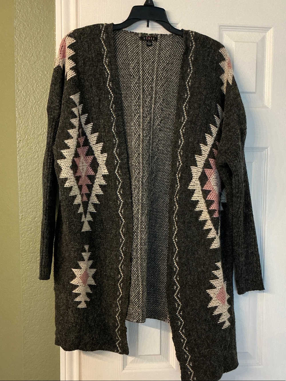 Cyrus Charcoal Open-Front Aztec Cardigan with Pink Accents